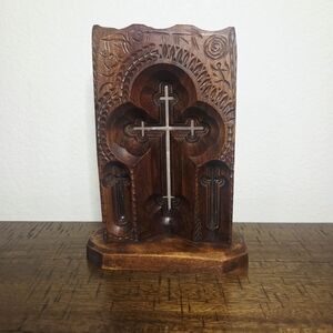 Hand-Carved Walnut Cross Armenian Caucasus Khachkar Deep Relief Candle Holder